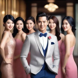 Create an image of a handsome Asian young man surrounded by several beautiful women in a lively and elegant setting