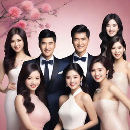 Create an image of a handsome Asian young man surrounded by several beautiful women in a lively and elegant setting