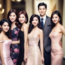 Create an image of a handsome Asian young man surrounded by several beautiful women in a lively and elegant setting