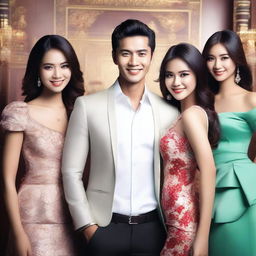 Create an image of a handsome Indonesian young man surrounded by several beautiful women in a lively and elegant setting