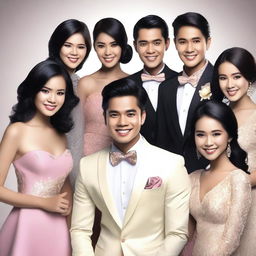 Create an image of a handsome Indonesian young man surrounded by several beautiful women in a lively and elegant setting