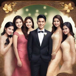 Create an image of a handsome Indonesian young man surrounded by several beautiful women in a lively and elegant setting