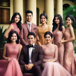 Create an image of a handsome Indonesian young man surrounded by several beautiful women in a lively and elegant setting