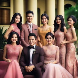 Create an image of a handsome Indonesian young man surrounded by several beautiful women in a lively and elegant setting