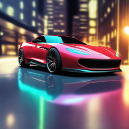 Create a detailed image of a customized car with sleek aerodynamic design, vibrant colors, and unique decals