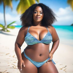 A curvy black woman wearing a bikini, standing on a beautiful beach with clear blue water and white sand