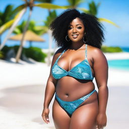 A curvy black woman wearing a bikini, standing on a beautiful beach with clear blue water and white sand