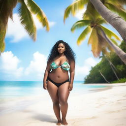 A curvy black woman wearing a bikini, standing on a beautiful beach with clear blue water and white sand