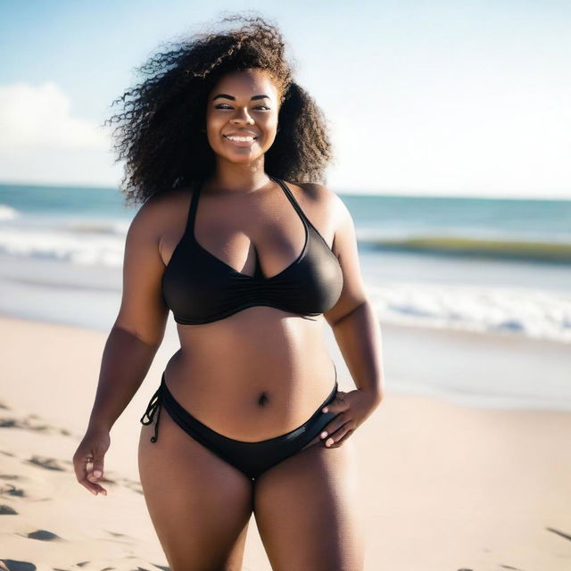 A curvy black woman wearing a bikini, standing on a sandy beach with the ocean in the background