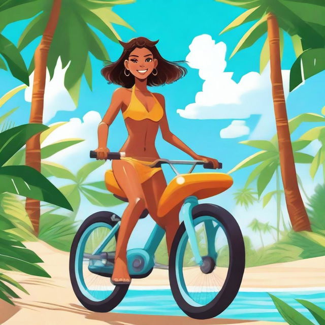 A girl with caramel skin riding a lowcuy, wearing a bikini