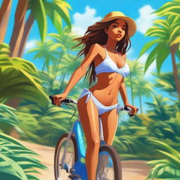 A girl with caramel skin riding a lowcuy, wearing a bikini