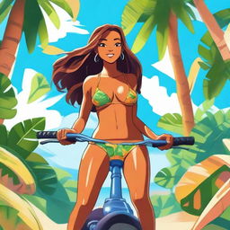 A girl with caramel skin riding a lowcuy, wearing a bikini