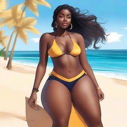 A black girl with a curvy figure riding a lowcuy, wearing a bikini