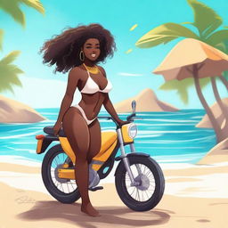 A black girl with a curvy figure riding a lowcuy, wearing a bikini