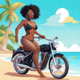 A black girl with a curvy figure riding a lowcuy, wearing a bikini