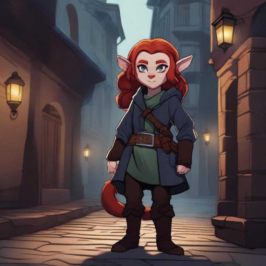 A halfling girl with shoulder-length red hair, iridescent eyes, and a red monkey tail