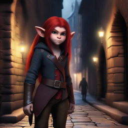 A halfling girl with shoulder-length red hair, iridescent eyes, and a red monkey tail