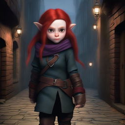 A halfling girl with shoulder-length red hair, iridescent eyes, and a red monkey tail