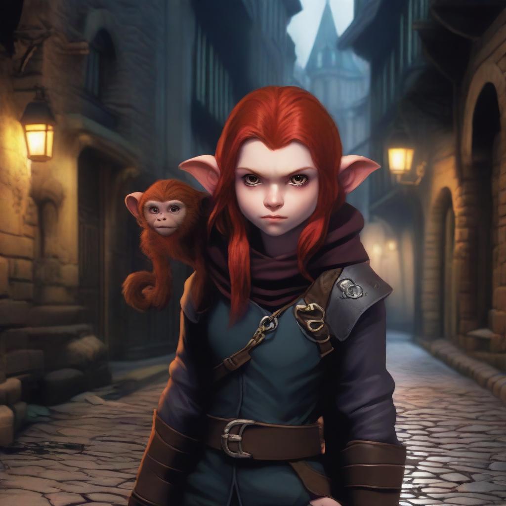 A halfling girl with shoulder-length red hair, iridescent eyes, and a red monkey tail