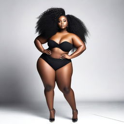 Create an image of a stunning black curvy girl in fashionable, sexy clothes