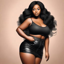 Create an image of a stunning black curvy girl in fashionable, sexy clothes