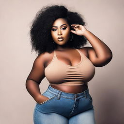 Create an image of a stunning black curvy girl in fashionable, sexy clothes