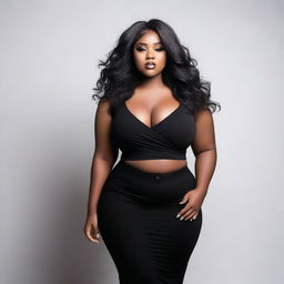 Create an image of a stunning black curvy girl in fashionable, sexy clothes