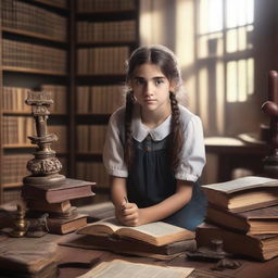 A young girl in a university setting, surrounded by books and ancient artifacts, uncovering hidden mysteries