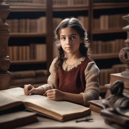 A young girl in a university setting, surrounded by books and ancient artifacts, uncovering hidden mysteries