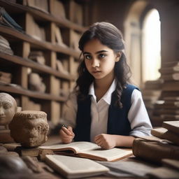 A young girl in a university setting, surrounded by books and ancient artifacts, uncovering hidden mysteries