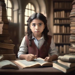 A young girl in a university setting, surrounded by books and ancient artifacts, uncovering hidden mysteries