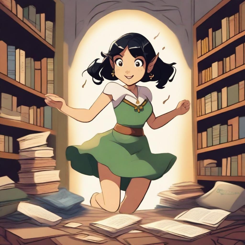 A cartoon of a girl in university with cropped black hair, freckles, and elf ears, dancing while wearing university merchandise