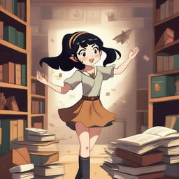 A cartoon of a girl in university with cropped black hair, freckles, and elf ears, dancing while wearing university merchandise