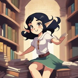 A cartoon of a girl in university with cropped black hair, freckles, and elf ears, dancing while wearing university merchandise