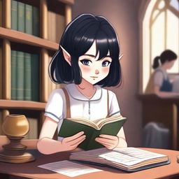 A girl in university with cropped black hair, freckles, and elf ears, reading a book titled 'A Guide Through University's Mysteries for an Innocent Girl