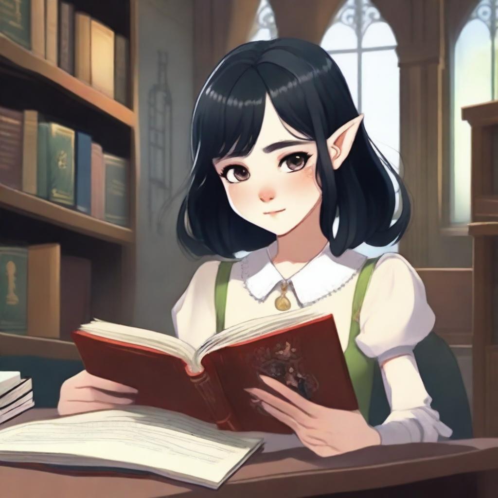 A girl in university with cropped black hair, freckles, and elf ears, reading a book titled 'A Guide Through University's Mysteries for an Innocent Girl