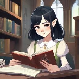 A girl in university with cropped black hair, freckles, and elf ears, reading a book titled 'A Guide Through University's Mysteries for an Innocent Girl