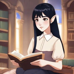 A girl in university with cropped black hair, freckles, and elf ears, reading a book titled 'A Guide Through University's Mysteries for an Innocent Girl