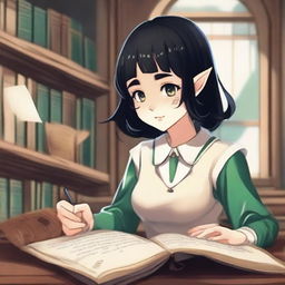 A girl in university with cropped black hair, freckles, and elf ears, reading a book titled 'A Guide Through University's Mysteries for an Innocent Girl