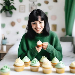 A girl in university with cropped black hair, freckles, and green eyes, eating cupcakes in her bedroom