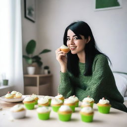 A girl in university with cropped black hair, freckles, and green eyes, eating cupcakes in her bedroom