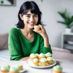 A girl in university with cropped black hair, freckles, and green eyes, eating cupcakes in her bedroom