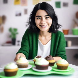 A girl in university with cropped black hair, freckles, and green eyes, eating cupcakes in her bedroom