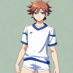 A realistic depiction of the soccer boy Arion Sherwind from Inazuma Eleven Go, wearing only underwear