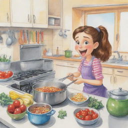 A colorful cartoon sketch of a lively girl engrossed in cooking dinner in a well-equipped kitchen