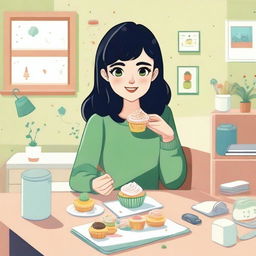 A cartoon of a girl in university with cropped black hair, freckles, and green eyes, eating cupcakes in her bedroom