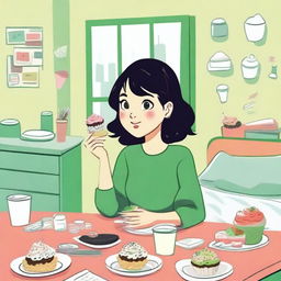 A cartoon of a girl in university with cropped black hair, freckles, and green eyes, eating cupcakes in her bedroom