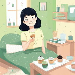 A cartoon of a girl in university with cropped black hair, freckles, and green eyes, eating cupcakes in her bedroom