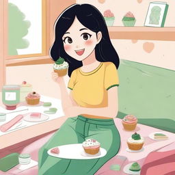 A cartoon of a girl in university with cropped black hair, freckles, and green eyes, eating cupcakes in her bedroom