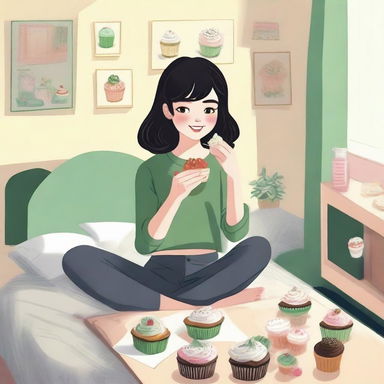 An artistic representation of a girl in university with cropped black hair, freckles, and green eyes, eating cupcakes in her bedroom